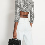 Chanel Black & White Checked Tweed Backless Jacket with Silver Screen Print and Pearl Belt at the Back Size FR 34 (UK 4)