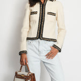 Chanel Cream Tweed Jacket with Brown, White ZigZag Trim Detail Size FR 38 (UK 10)