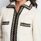 Chanel Cream Tweed Jacket with Brown, White ZigZag Trim Detail Size FR 38 (UK 10)