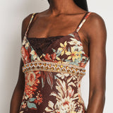 Dolce & Gabbana Brown, Orange Yellow Floral  Printed Midi Dress with Embellished Waistline Detail Size IT 44 (UK 12)