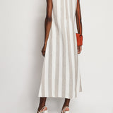 Loro Piana White Grey Stripe Linen Sleeveless Maxi Dress Size FR 42 ( UK 14)