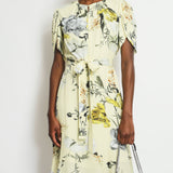 Erdem Yellow Floral Midi Dress with Bow Detail Size UK 10