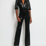 Galvan London Black Sequin V-Neck Jumpsuit FR 36 (UK 8)