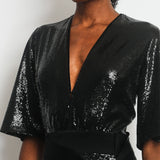 Galvan London Black Sequin V-Neck Jumpsuit FR 36 (UK 8)