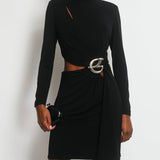 Elie Saab Black Long Sleeve Midi Dress with Cut-Out and ES Silver Buckle Detail FR 42 (UK 14)