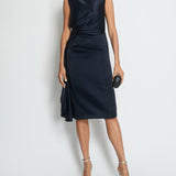 Alexander McQueen Navy Silk Midi Dress with Ruching and Silver Diamante Neck Detail Size IT 38 (UK 6)