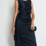 Alexander McQueen Navy Silk Midi Dress with Ruching and Silver Diamante Neck Detail Size IT 38 (UK 6)