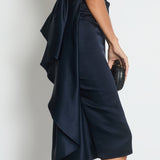 Alexander McQueen Navy Silk Midi Dress with Ruching and Silver Diamante Neck Detail Size IT 38 (UK 6)