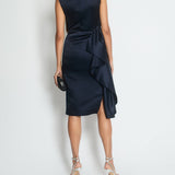 Alexander McQueen Navy Silk Midi Dress with Ruching and Silver Diamante Neck Detail Size IT 38 (UK 6)