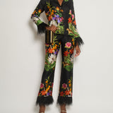 Borgo De Nor Black and Multi-Colour Jungle Print Trousers and Jacket Silk Set with Ostrich Feather Sleeve Detail Size UK 6