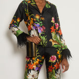 Borgo De Nor Black and Multi-Colour Jungle Print Trousers and Jacket Silk Set with Ostrich Feather Sleeve Detail Size UK 6