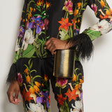 Borgo De Nor Black and Multi-Colour Jungle Print Trousers and Jacket Silk Set with Ostrich Feather Sleeve Detail Size UK 6