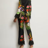 Borgo De Nor Black and Multi-Colour Jungle Print Trousers and Jacket Silk Set with Ostrich Feather Sleeve Detail Size UK 6