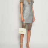 Chanel Silver Metallic Tweed Crochet Lace V-Neck Midi Dress FR 34 (UK 6)