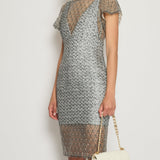 Chanel Silver Metallic Tweed Crochet Lace V-Neck Midi Dress FR 34 (UK 6)