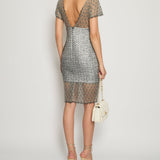 Chanel Silver Metallic Tweed Crochet Lace V-Neck Midi Dress FR 34 (UK 6)