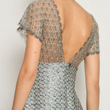 Chanel Silver Metallic Tweed Crochet Lace V-Neck Midi Dress FR 34 (UK 6)