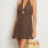 Miu Miu Brown Halter Neck Mini Dress with Gold Belt Detail Size IT 42 (UK 10)