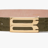 Victoria Beckham - Exclusive Jumbo Frame Belt In Khaki Croc Embossed Calf Leather