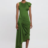 Victoria Beckham - Draped Tuck Detail Midi Dress in Algae Green