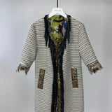 Bellavitis Couture Striped Cream And Black Jacket with Gold Trim And Feather Detail Size UK 6-8