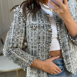 Chanel White and Black Runway Tweed Jacket with Pearl Detail FR 42 (UK 14)